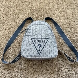 NWT GUESS Farah Mini Zip Over Backpack - Denim Blue Monogram Logo G-Print Small